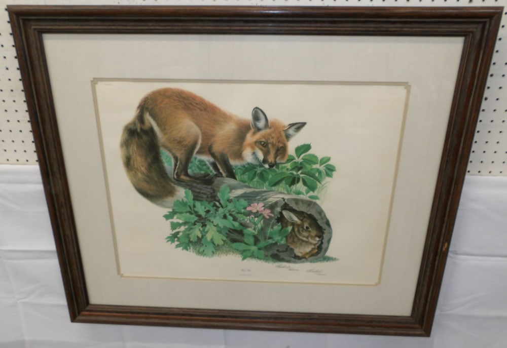 Large Framed Print Entitled Red Fox Signed by Richard Trimm: Large Framed Print Entitled Red Fox Signed by Richard Trimm. 33" H 39 1/4" ALL DESCRIPTIONS AND ANY CONDITION STATEMENT GIVEN BY LANGSTON AUCTION GALLERY ARE STRICTLY OPINIONS AND LANGSTON'S SHALL