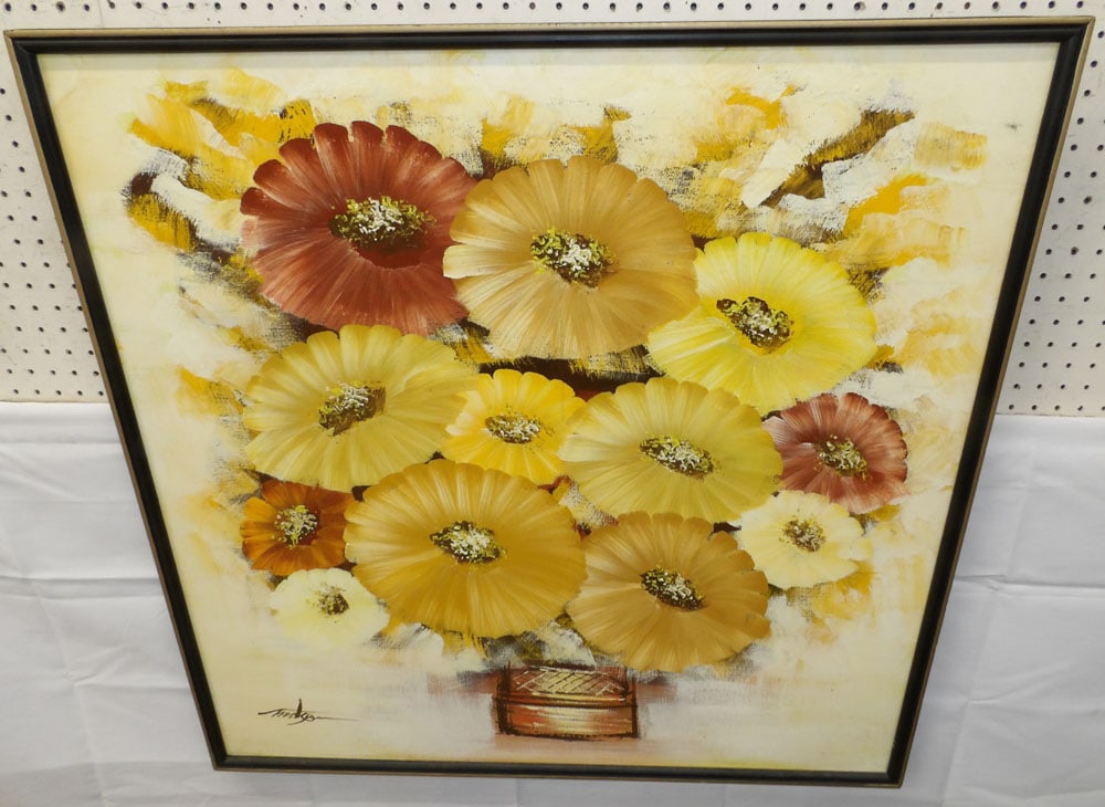 Framed Mid Century Modern Oil on Canvas Still Life: Framed Mid Century Modern Oil on Canvas Still Life. 37 1/4" x 37 1/4" ALL DESCRIPTIONS AND ANY CONDITION STATEMENT GIVEN BY LANGSTON AUCTION GALLERY ARE STRICTLY OPINIONS AND LANGSTON'S SHALL HAVE