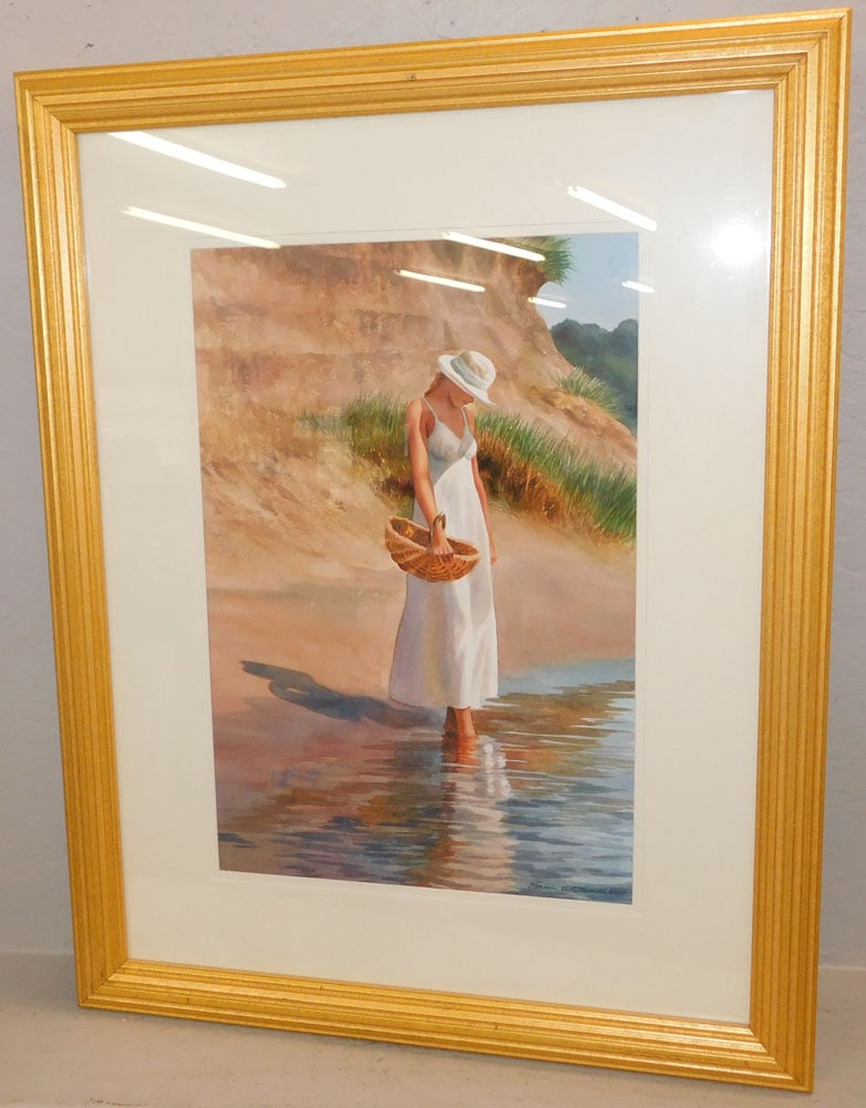 Framed Watercolor of Lady Walking in Water Artist Signed: Framed Watercolor of Lady Walking in Water Artist Signed . 32 1/2" x 25 1/2" ALL DESCRIPTIONS AND ANY CONDITION STATEMENT GIVEN BY LANGSTON AUCTION GALLERY ARE STRICTLY OPINIONS AND LANGSTON'S