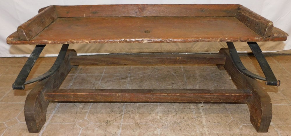 Primitive Pine & Wrought Iron Buggy Bench: Primitive Pine & Wrought Iron Buggy Bench . 15 1/2" H 40 1/2" W 25 1/2" D ALL DESCRIPTIONS AND ANY CONDITION STATEMENT GIVEN BY LANGSTON AUCTION GALLERY ARE STRICTLY OPINIONS AND LANGSTON'S SHALL HAVE