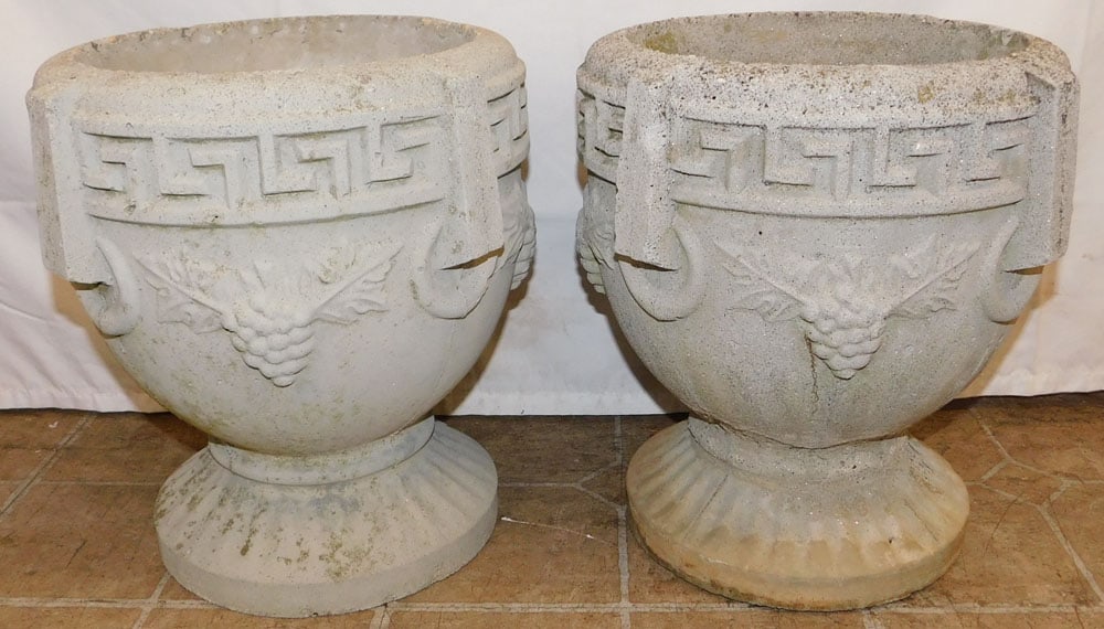 Pair of Cast Concrete Planters: Pair of Cast Concrete Planters. 13 1/2" H 12" Dia. ALL DESCRIPTIONS AND ANY CONDITION STATEMENT GIVEN BY LANGSTON AUCTION GALLERY ARE STRICTLY OPINIONS AND LANGSTON'S SHALL HAVE NO RESPONSIBILITY