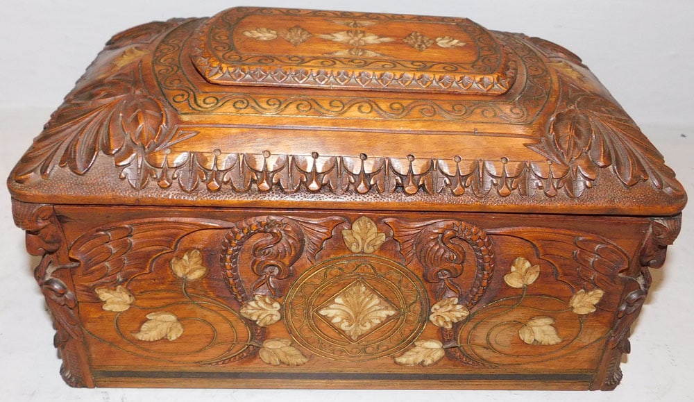 Carved Wood Oriental Bone & Brass Inlay Dresser Box (1 of 9)