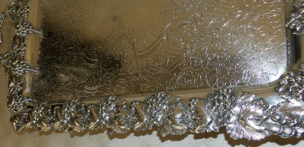 Ornate Silverplated Serving Tray with Grape & Cable Border - 3