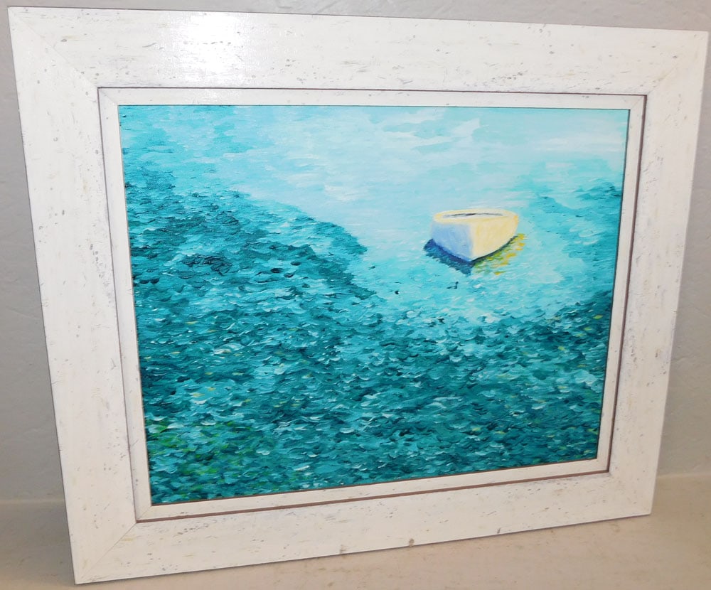 Framed Oil on Canvas Canoe in Water Artist Signed: Framed Oil on Canvas Canoe in Water Artist Signed. 22" x 25 1/2" ALL DESCRIPTIONS AND ANY CONDITION STATEMENT GIVEN BY LANGSTON AUCTION GALLERY ARE STRICTLY OPINIONS AND LANGSTON'S SHALL HAVE NO