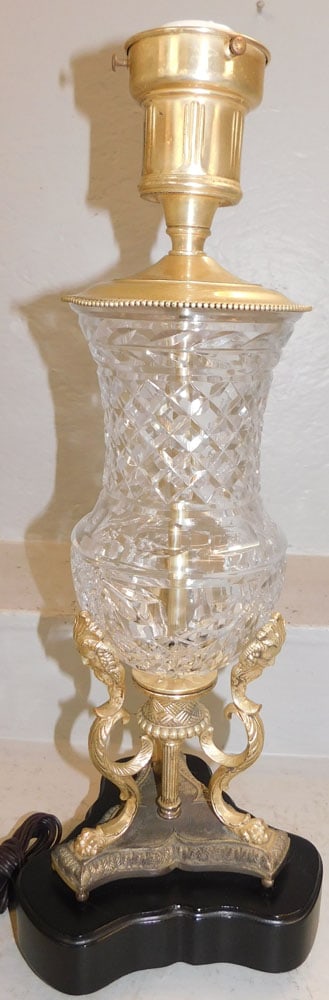 Crystal & Silverplate Urn Form Vase Made Into Lamp: Crystal & Silverplate Urn Form Vase Made Into Lamp. 24 1/4" H 9" Dia. ALL DESCRIPTIONS AND ANY CONDITION STATEMENT GIVEN BY LANGSTON AUCTION GALLERY ARE STRICTLY OPINIONS AND LANGSTON'S SHALL HAVE