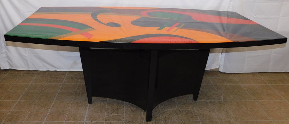 Modern Inlaid Painted Wood Dining Table: Modern Inlaid Painted Wood Dining Table. 29 1/2" H 72 1/4" L 42" D ALL DESCRIPTIONS AND ANY CONDITION STATEMENT GIVEN BY LANGSTON AUCTION GALLERY ARE STRICTLY OPINIONS AND LANGSTON'S SHALL HAVE NO