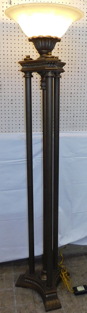 Painted Metal & Resin Floor Lamp with Glass Shade: Painted Metal & Resin Floor Lamp with Glass Shade . 71 1/4" H 17 3/4" Dia. ALL DESCRIPTIONS AND ANY CONDITION STATEMENT GIVEN BY LANGSTON AUCTION GALLERY ARE STRICTLY OPINIONS AND LANGSTON'S SHALL