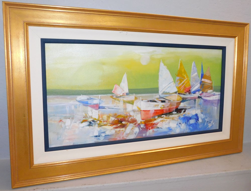 Framed Oil on Canvas Boat Dock Scene: Framed Oil on Canvas Boat Dock Scene . 25 1/2" x 41 1/4" ALL DESCRIPTIONS AND ANY CONDITION STATEMENT GIVEN BY LANGSTON AUCTION GALLERY ARE STRICTLY OPINIONS AND LANGSTON'S SHALL HAVE NO RESPONSIBILIT