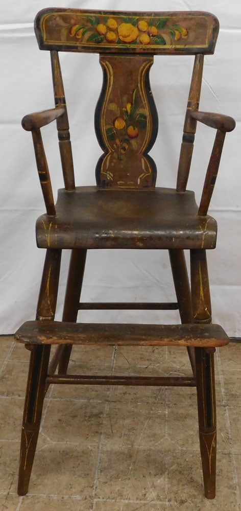 Antique Paint & Stencil Decorated Child's High Chair: Antique Paint & Stencil Decorated Child's High Chair . 36 3/4" H 16 1/2" W 17" D ALL DESCRIPTIONS AND ANY CONDITION STATEMENT GIVEN BY LANGSTON AUCTION GALLERY ARE STRICTLY OPINIONS AND LANGSTON'S