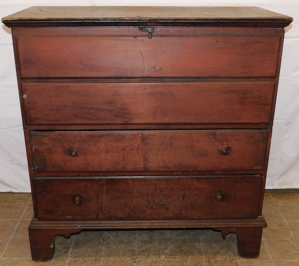 19th Century Cherry New England Mule Chest: 19th Century Cherry New England Mule Chest. 41 1/2" H 40 1/2" W 18 3/4" D ALL DESCRIPTIONS AND ANY CONDITION STATEMENT GIVEN BY LANGSTON AUCTION GALLERY ARE STRICTLY OPINIONS AND LANGSTON'S SHALL