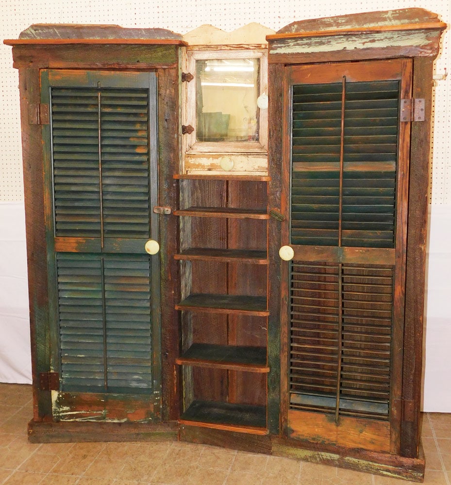 Antique Pine Shutter Door Cupboard: Antique Pine Shutter Door Cupboard . 76" H 72" W 18" W ALL DESCRIPTIONS AND ANY CONDITION STATEMENT GIVEN BY LANGSTON AUCTION GALLERY ARE STRICTLY OPINIONS AND LANGSTON'S SHALL HAVE NO RESPONSIBILITY