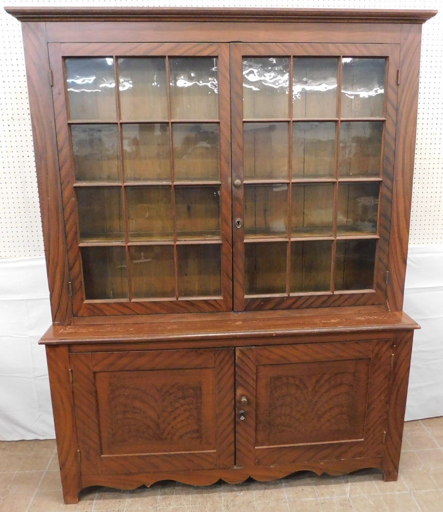 19th Century Grain Painted Two Piece Glass Door Step Back Cupboard: 19th Century Grain Painted Two Piece Glass Door Step Back Cupboard. 86" H 66" W 17" D ALL DESCRIPTIONS AND ANY CONDITION STATEMENT GIVEN BY LANGSTON AUCTION GALLERY ARE STRICTLY OPINIONS AND