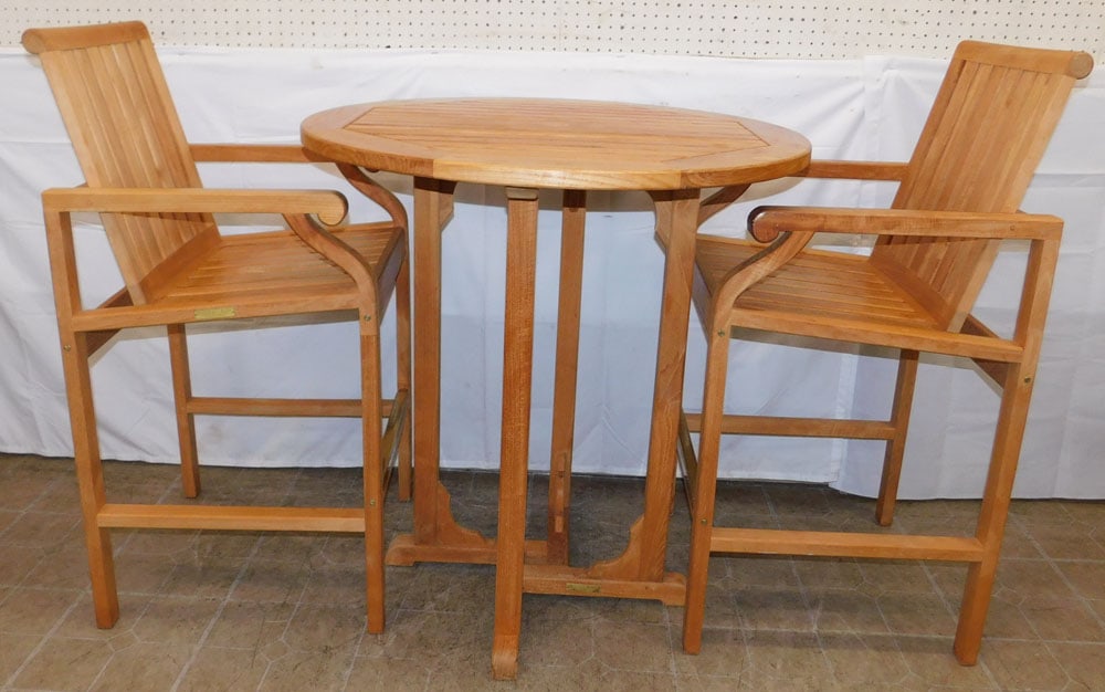Three Piece Teak Wood Outdoor Barstool Set Labeled Kingsley - Bate: Three Piece Teak Wood Outdoor Barstool Set Labeled Kingsley - Bate. 38 3/4" H 36 1/4" Dia. ALL DESCRIPTIONS AND ANY CONDITION STATEMENT GIVEN BY LANGSTON AUCTION GALLERY ARE STRICTLY OPINIONS AND