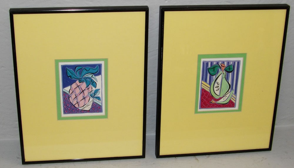 Pair of Framed Modernist Cubist Mixed Media Still Life Fruit Prints (1 of 3)