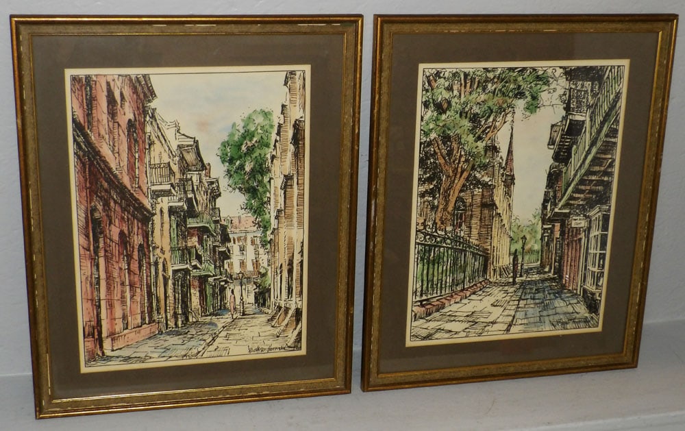 Pair of Framed Colored Prints of the French Quarter in New Orleans: Pair of Framed Colored Prints of the French Quarter in New Orleans. ALL DESCRIPTIONS AND ANY CONDITION STATEMENT GIVEN BY LANGSTON AUCTION GALLERY ARE STRICTLY OPINIONS AND LANGSTON'S SHALL HAVE NO RE