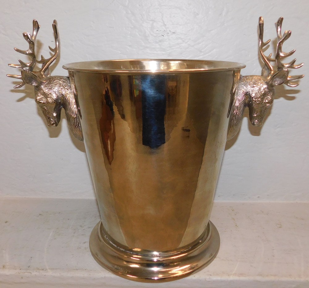 Silverplated Wine Cooler with Stag Handles: Silverplated Wine Cooler with Stag Handles . 13 3/4" x 16" W ALL DESCRIPTIONS AND ANY CONDITION STATEMENT GIVEN BY LANGSTON AUCTION GALLERY ARE STRICTLY OPINIONS AND LANGSTON'S SHALL HAVE NO