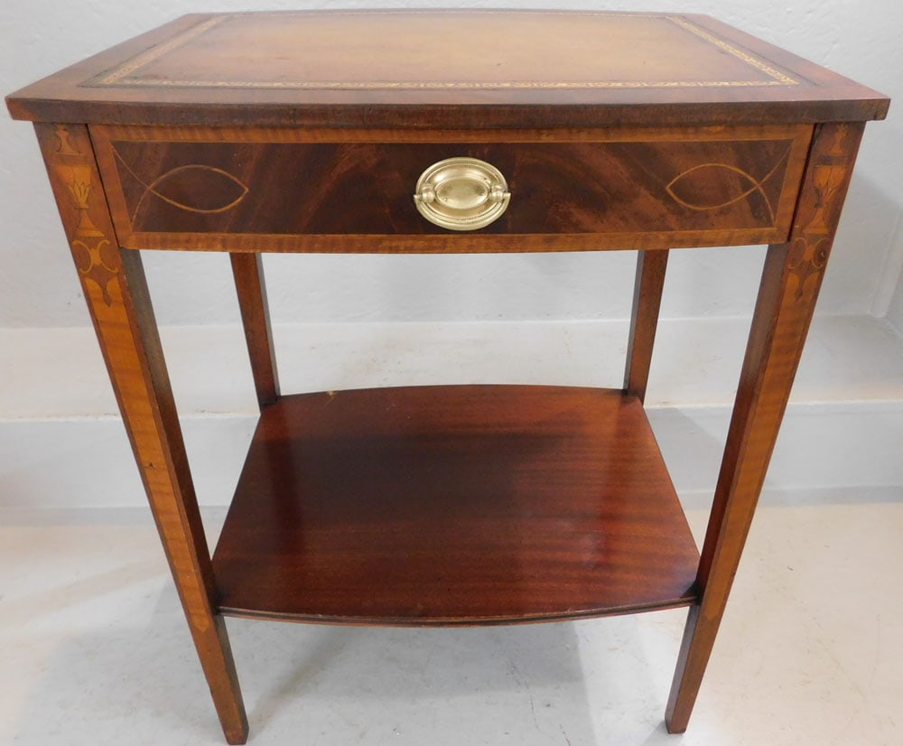 Mahogany Inlaid & Tooled Leather Top One Drawer Stand: Mahogany Inlaid & Tooled Leather Top One Drawer Stand . 24 1/2" H 19" W 15" D ALL DESCRIPTIONS AND ANY CONDITION STATEMENT GIVEN BY LANGSTON AUCTION GALLERY ARE STRICTLY OPINIONS AND LANGSTON'S