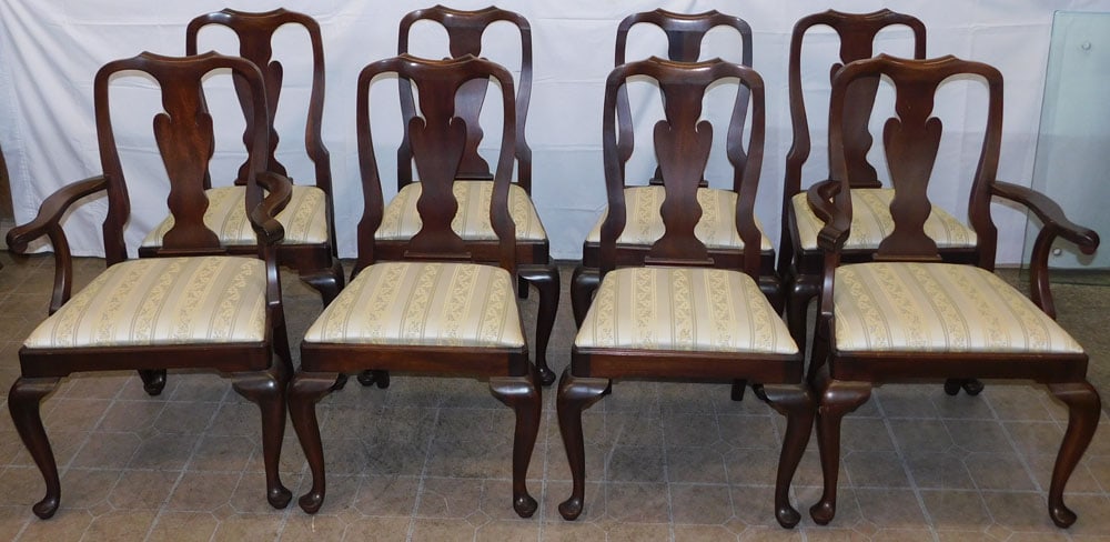 Set of Eight Mahogany Queen Anne Style Dining Chairs by Henkel Harris: Set of Eight Mahogany Queen Anne Style Dining Chairs by Henkel Harris . 38 3/4" H 25" W 22 1/2" D ALL DESCRIPTIONS AND ANY CONDITION STATEMENT GIVEN BY LANGSTON AUCTION GALLERY ARE STRICTLY OPINIONS
