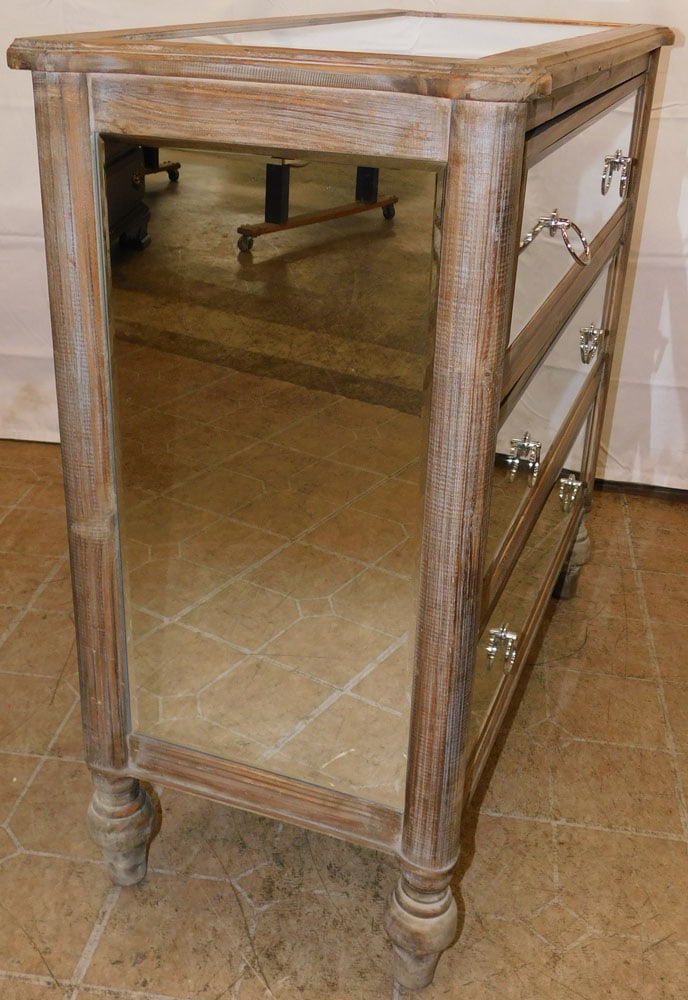 Mirror & Bleached Pine Modern Three Drawer Bed Side Chest - 4