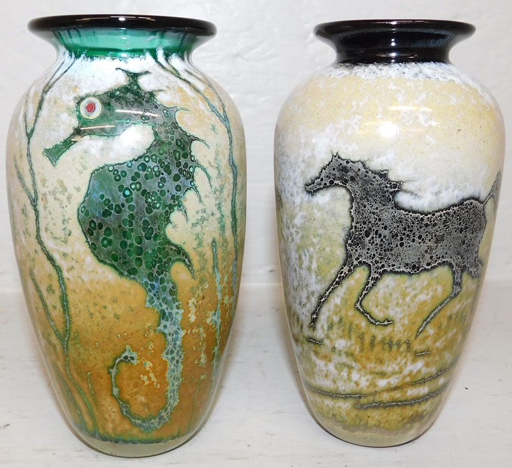 Pair of Art Glass Vases by Paul Bendzunas: Pair of Art Glass Vases by Paul Bendzunas. 6 1/4" H 3" Dia. ALL DESCRIPTIONS AND ANY CONDITION STATEMENT GIVEN BY LANGSTON AUCTION GALLERY ARE STRICTLY OPINIONS AND LANGSTON'S SHALL HAVE NO