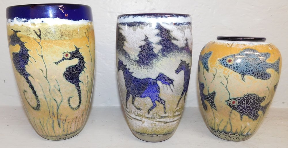 Three Art Glass Vases by Paul Bendzunas: Three Art Glass Vases by Paul Bendzunas. 8" H 5" Dia. ALL DESCRIPTIONS AND ANY CONDITION STATEMENT GIVEN BY LANGSTON AUCTION GALLERY ARE STRICTLY OPINIONS AND LANGSTON'S SHALL HAVE NO