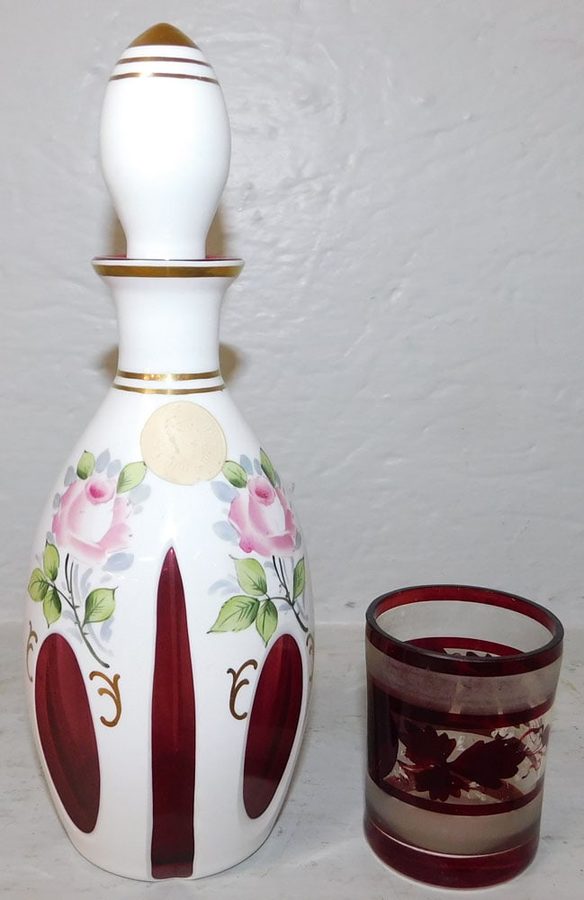 Bohemian Decanter & Bohemian Frosted Ruby Tumbler: Bohemian Decanter & Bohemian Frosted Ruby Tumbler. Up to 10" H 3 1/2" Dia. ALL DESCRIPTIONS AND ANY CONDITION STATEMENT GIVEN BY LANGSTON AUCTION GALLERY ARE STRICTLY OPINIONS AND LANGSTON'S SHALL