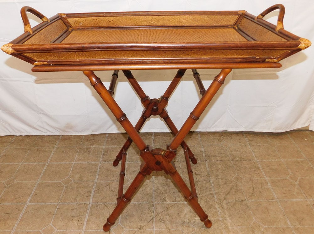 Rattan Butler's Tray on Faux Bamboo Mahogany Stand (1 of 4)