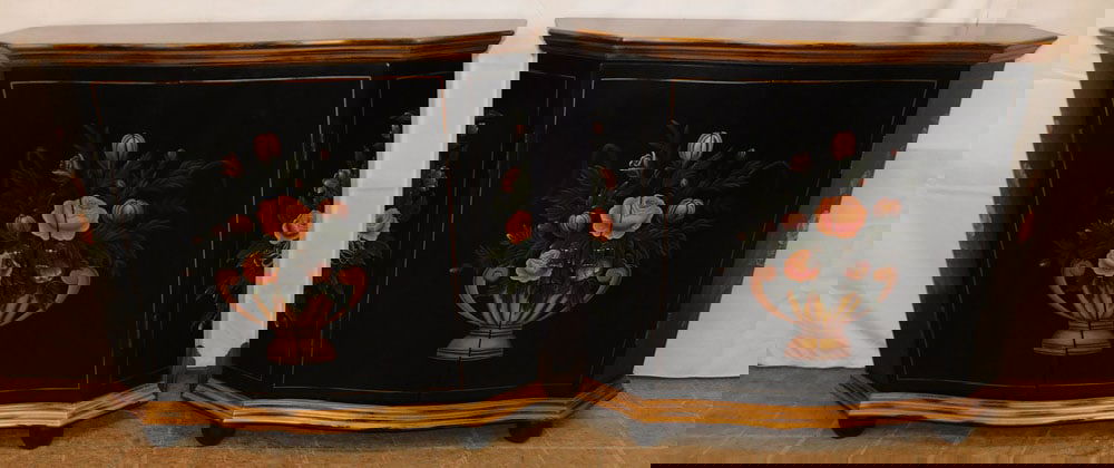 Pair of Paint Decorated Two Door Cabinets: Pair of Paint Decorated Two Door Cabinets. 30 1/4" H 35" W 11 1/2" D ALL DESCRIPTIONS AND ANY CONDITION STATEMENT GIVEN BY LANGSTON AUCTION GALLERY ARE STRICTLY OPINIONS AND LANGSTON'S SHALL HAVE NO R