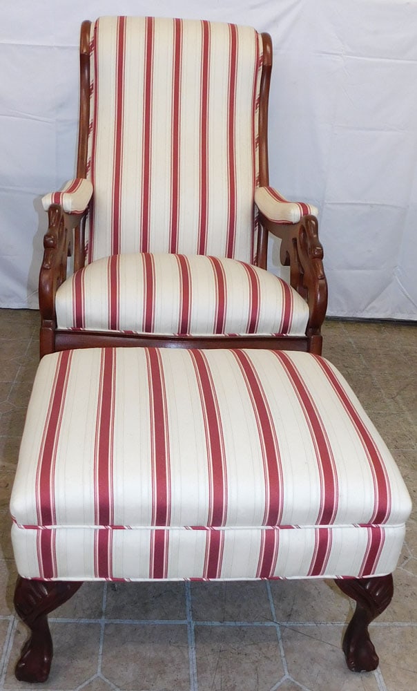 Mahogany & Upholstered Swan Neck Arm Rocker & Ottoman: Mahogany & Upholstered Swan Neck Arm Rocker & Ottoman . 37 1/2" H 25 1/2" W 36" D ALL DESCRIPTIONS AND ANY CONDITION STATEMENT GIVEN BY LANGSTON AUCTION GALLERY ARE STRICTLY OPINIONS AND LANGSTON'S