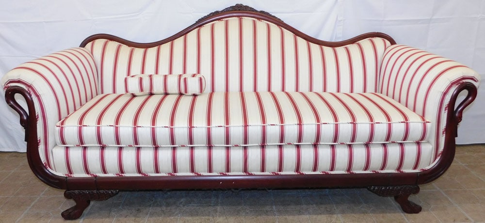 Carved Mahogany & Upholstered Swan Neck Sofa with Paw Feet (1 of 5)