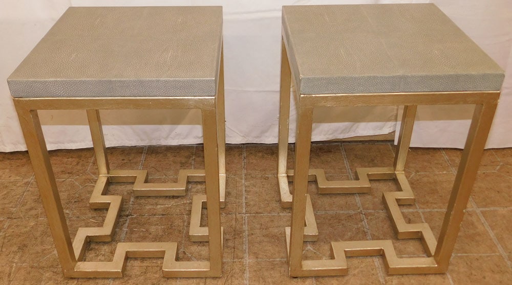 Pair of Painted Metal & Faux Leather Top Modern Stands: Pair of Painted Metal & Faux Leather Top Modern Stands . 20 1/4" H 14 1/4" Dia. ALL DESCRIPTIONS AND ANY CONDITION STATEMENT GIVEN BY LANGSTON AUCTION GALLERY ARE STRICTLY OPINIONS AND LANGSTON'S