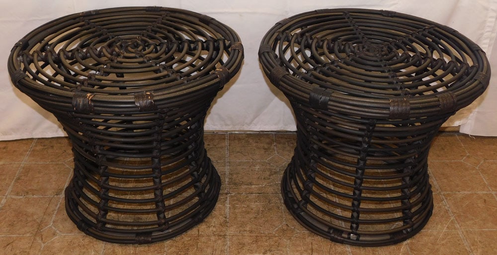 Pair of Faux Rattan Round Stands: Pair of Faux Rattan Round Stands . 17 1/2" H 22" Dia. ALL DESCRIPTIONS AND ANY CONDITION STATEMENT GIVEN BY LANGSTON AUCTION GALLERY ARE STRICTLY OPINIONS AND LANGSTON'S SHALL HAVE NO RESPONSIBILITY F