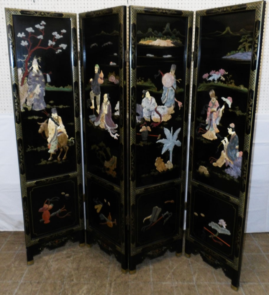 Oriental Black Lacquered & Paint Decorated Carved Soapstone & Bone Room Divider (1 of 9)