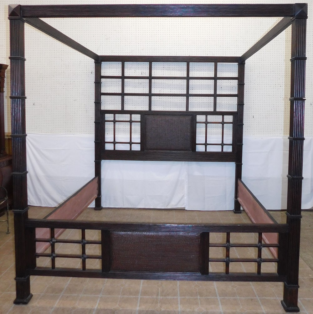 Modern Rattan King Size Bed with Canopy & Rails: Modern Rattan King Size Bed with Canopy & Rails. 86" H 81 1/2" W ALL DESCRIPTIONS AND ANY CONDITION STATEMENT GIVEN BY LANGSTON AUCTION GALLERY ARE STRICTLY OPINIONS AND LANGSTON'S SHALL HAVE NO RESPO
