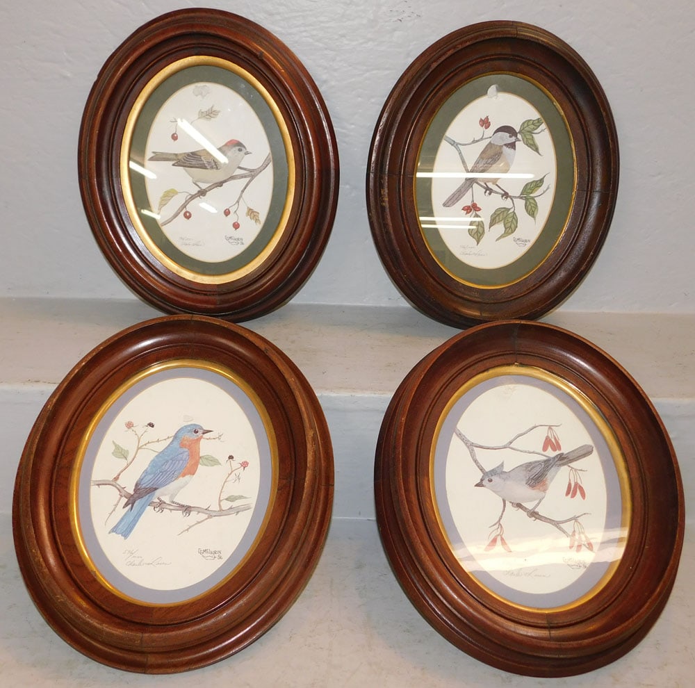 Set of Four Antique Walnut Oval Frame Bird Prints: Set of Four Antique Walnut Oval Frame Bird Prints . 13 1/4" x 11 1/4" ALL DESCRIPTIONS AND ANY CONDITION STATEMENT GIVEN BY LANGSTON AUCTION GALLERY ARE STRICTLY OPINIONS AND LANGSTON'S SHALL HAVE NO