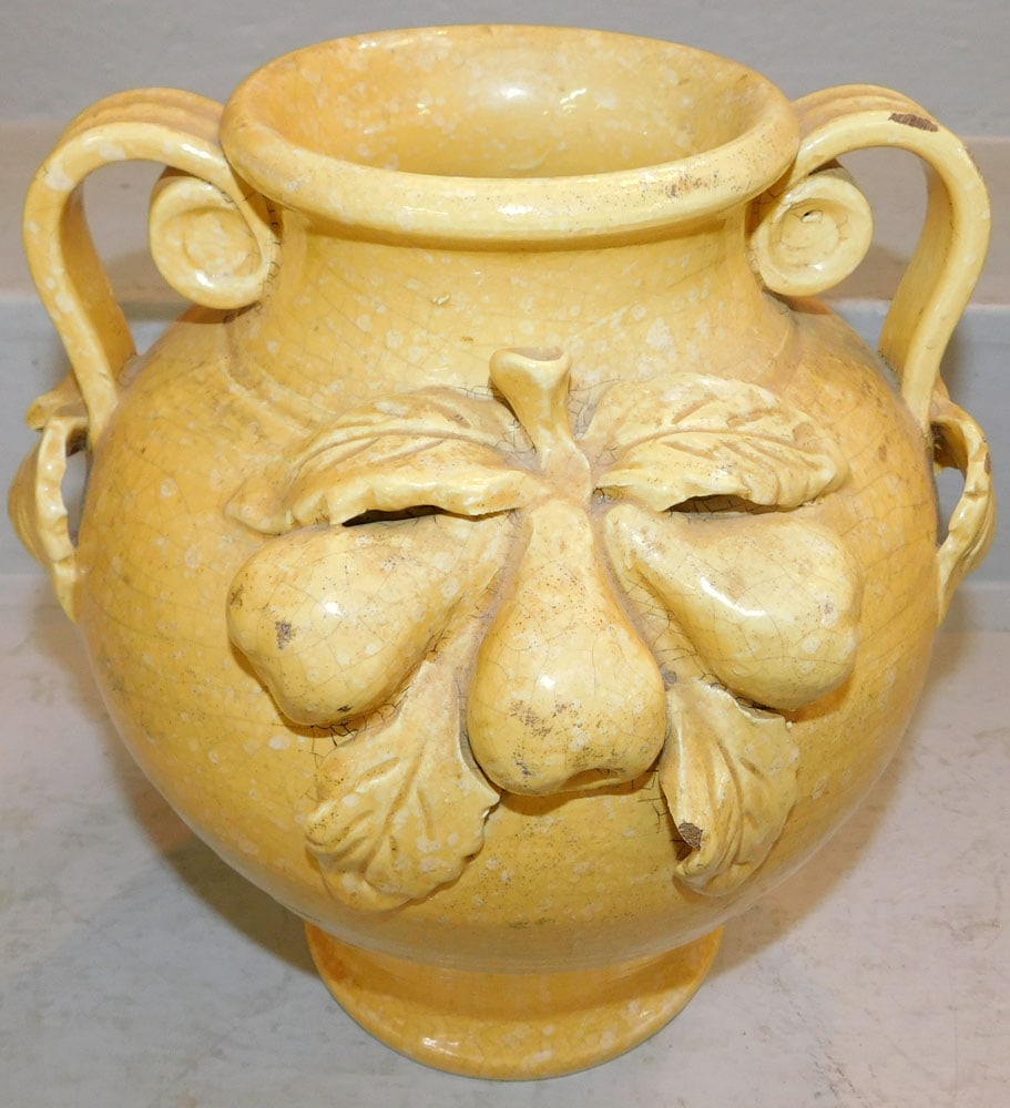 Double Handle Italian Vietri Urn with Fruit Motif: Double Handle Italian Vietri Urn with Fruit Motif . 11 3/4" H 10 1/2" W ALL DESCRIPTIONS AND ANY CONDITION STATEMENT GIVEN BY LANGSTON AUCTION GALLERY ARE STRICTLY OPINIONS AND LANGSTON'S SHALL HAVE