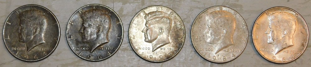 Three 1964 Kennedy Half Dollars & 1984 & 1997 Kennedy Half Dollars (1 of 4)