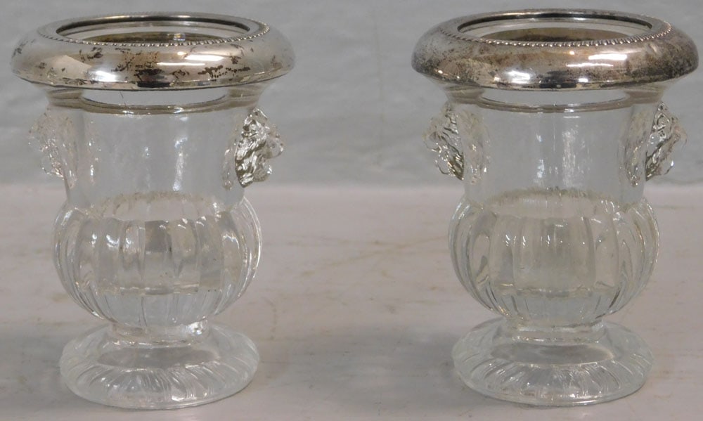 Pair of Sterling Rim & Glass Toothpick Holders with Lion Head Handles (1 of 4)