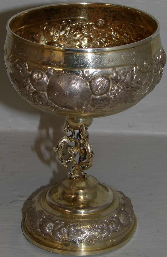 19th Century Ornate German 800 Silver Gold Washed Chalice,: 19th Century Ornate German 800 Silver Gold Washed Chalice,. ALL DESCRIPTIONS AND ANY CONDITION STATEMENT GIVEN BY LANGSTON AUCTION GALLERY ARE STRICTLY OPINIONS AND LANGSTON'S SHALL HAVE NO