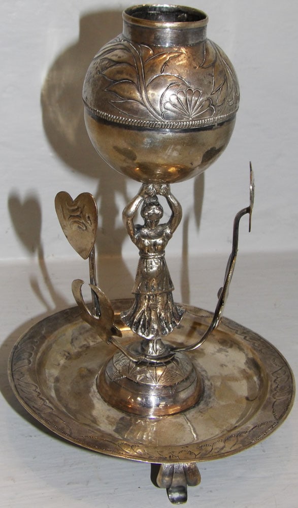 18th/19th Century Spanish Colonial 900 Silver Yerba Mate on Figural Pedestal: 18th/19th Century Spanish Colonial 900 Silver Yerba Mate on Figural Pedestal. ALL DESCRIPTIONS AND ANY CONDITION STATEMENT GIVEN BY LANGSTON AUCTION GALLERY ARE STRICTLY OPINIONS AND LANGSTON'S