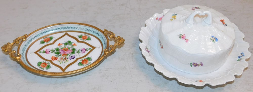 Hand Painted Porcelain Limoges Two Handled Tray & Meissen Porcelain Butter Dish: Hand Painted Porcelain Limoges Two Handled Tray & Meissen Porcelain Butter Dish. Up to 3 1/4" H 7" Dia. ALL DESCRIPTIONS AND ANY CONDITION STATEMENT GIVEN BY LANGSTON AUCTION GALLERY ARE STRICTLY