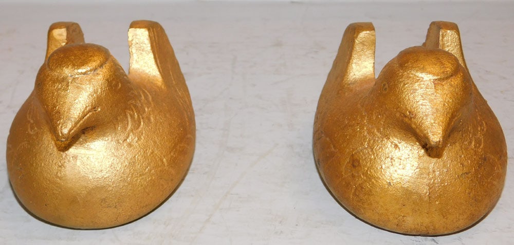 Pair of Gilded Cast Iron Quail Form Stands: Pair of Gilded Cast Iron Quail Form Stands. 3" H 3" W 4" D ALL DESCRIPTIONS AND ANY CONDITION STATEMENT GIVEN BY LANGSTON AUCTION GALLERY ARE STRICTLY OPINIONS AND LANGSTON'S SHALL HAVE NO