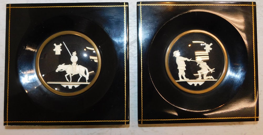 Pair of Enclosed Bubble Glass Framed Carved Bone Don Quixote Style Figures: Pair of Enclosed Bubble Glass Framed Carved Bone Don Quixote Style Figures. 6 1/4" Dia. ALL DESCRIPTIONS AND ANY CONDITION STATEMENT GIVEN BY LANGSTON AUCTION GALLERY ARE STRICTLY OPINIONS AND