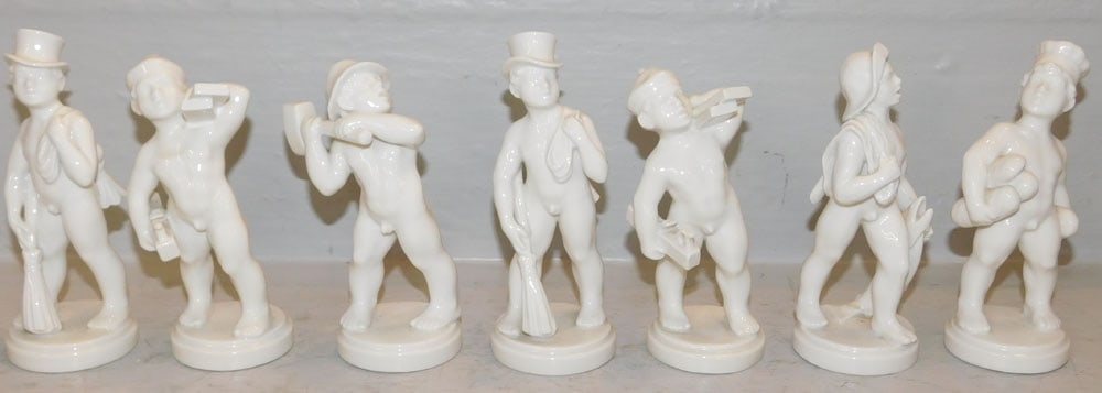 Set of Seven Copenhagen Nude Porcelain Figurines: Set of Seven Copenhagen Nude Porcelain Figurines . 5 3/4" H 2 1/4" Dia. ALL DESCRIPTIONS AND ANY CONDITION STATEMENT GIVEN BY LANGSTON AUCTION GALLERY ARE STRICTLY OPINIONS AND LANGSTON'S SHALL