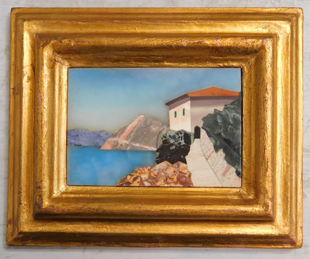 Small Gilded Frame Pietra Dura Plaque: Small Gilded Frame Pietra Dura Plaque . 5 1/4" x 6 1/2" ALL DESCRIPTIONS AND ANY CONDITION STATEMENT GIVEN BY LANGSTON AUCTION GALLERY ARE STRICTLY OPINIONS AND LANGSTON'S SHALL HAVE NO