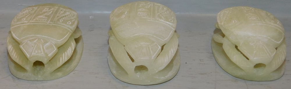 Three Stone Scarab Figurines: Three Stone Scarab Figurines. 1 1/4" H 1 3/4" W 2 3/4" D ALL DESCRIPTIONS AND ANY CONDITION STATEMENT GIVEN BY LANGSTON AUCTION GALLERY ARE STRICTLY OPINIONS AND LANGSTON'S SHALL HAVE NO