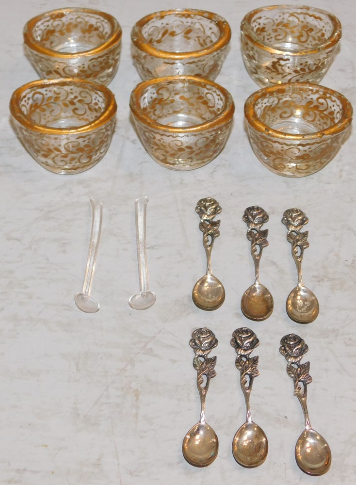 Six Antique Gilt Decorated Salt Cellars with Silverplated Salt Spoons: Six Antique Gilt Decorated Salt Cellars with Silverplated Salt Spoons. 1 1/4" H 1 3/4" W ALL DESCRIPTIONS AND ANY CONDITION STATEMENT GIVEN BY LANGSTON AUCTION GALLERY ARE STRICTLY OPINIONS AND