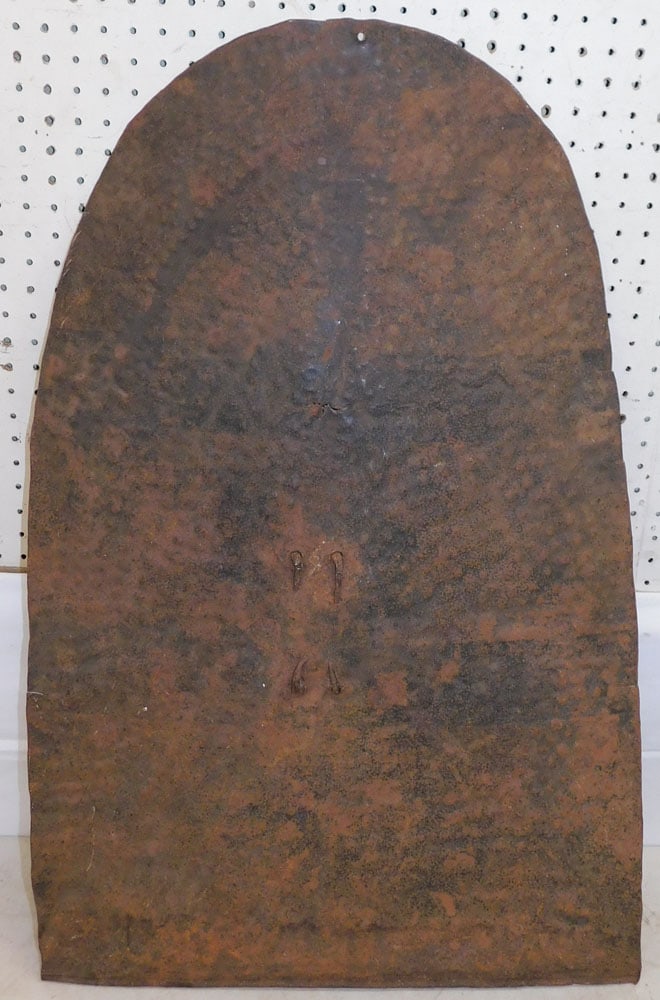 Antique Metal Shield: Antique Metal Shield. 36" x 22 1/2" ALL DESCRIPTIONS AND ANY CONDITION STATEMENT GIVEN BY LANGSTON AUCTION GALLERY ARE STRICTLY OPINIONS AND LANGSTON'S SHALL HAVE NO RESPONSIBILITY FOR ERRORS OR