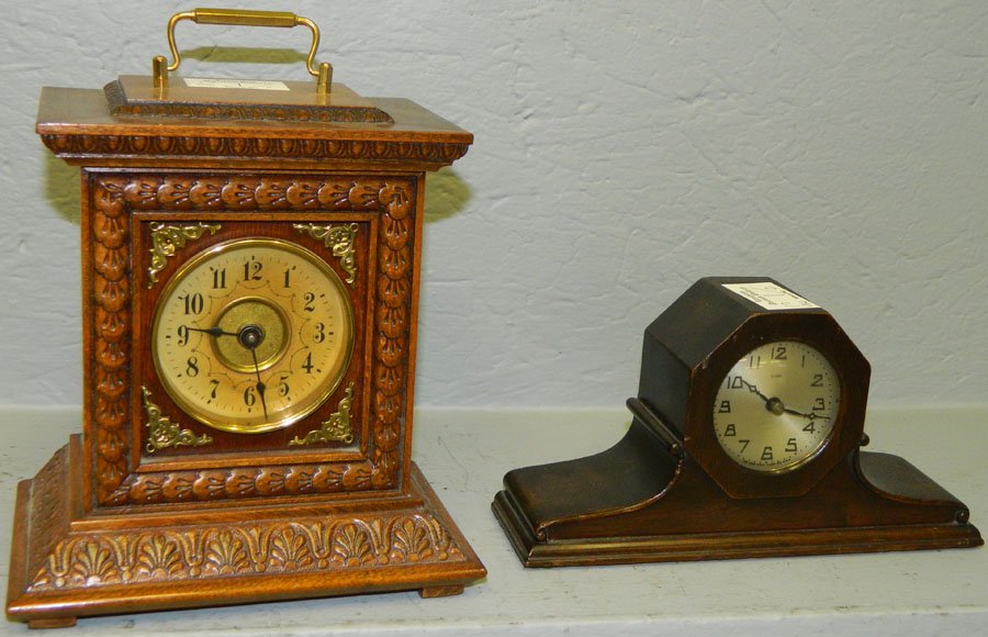 Small wooden clock, and 8 day alarm clock.: Small New Haven wooden clock, and Maple case 8 day alarm clock.