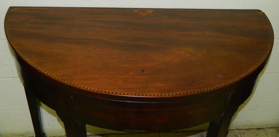 Inlaid demilune mahogany fold over table. - 2